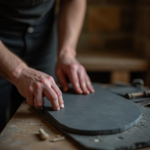 Artisan shaping slate in Bath workshop