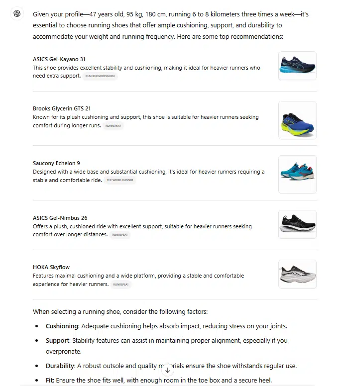 ChatGPT output - best running shoes prompt