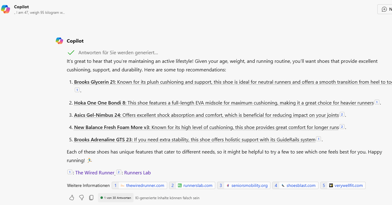Copilot output - best running shoes prompt
