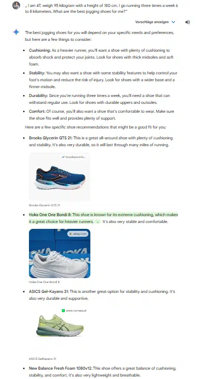 Gemini output - best running shoes prompt