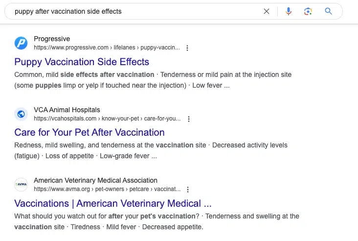 Google search results for "puppy after vaccination side effects"