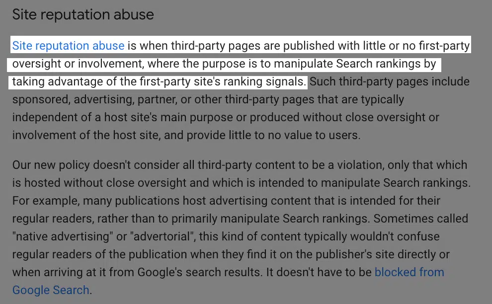 Google's site reputation abuse policy