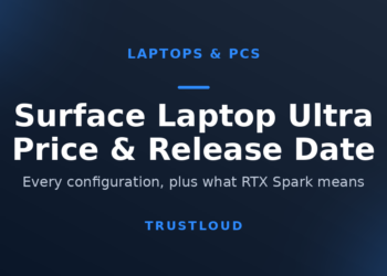 TrustLoud title graphic reading Surface Laptop Ultra price and release date, with the subtitle every configuration plus what RTX Spark means