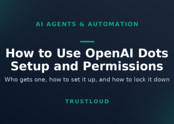 TrustLoud title graphic reading How to Use OpenAI Dots, Setup and Permissions, with the subtitle who gets one, how to set it up, and how to lock it down