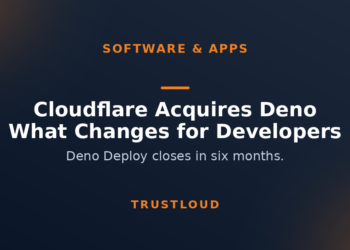 TrustLoud title graphic reading Cloudflare Acquires Deno, what changes for developers, with the subtitle Deno Deploy closes in six months