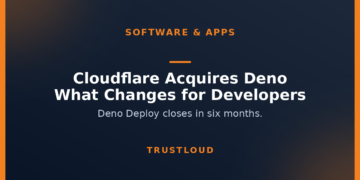 TrustLoud title graphic reading Cloudflare Acquires Deno, what changes for developers, with the subtitle Deno Deploy closes in six months