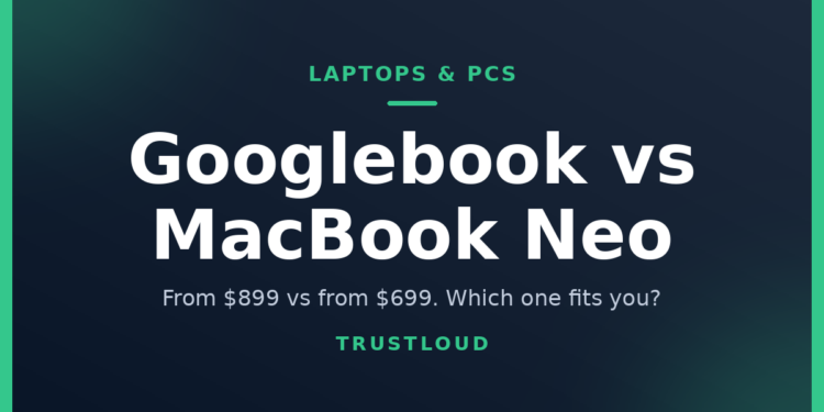 TrustLoud title graphic reading Googlebook vs MacBook Neo, with the subtitle from $899 vs from $699