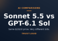 TrustLoud title graphic reading Sonnet 5.5 vs GPT-6.1 Sol, with the subtitle same $2/$10 price, very different bills