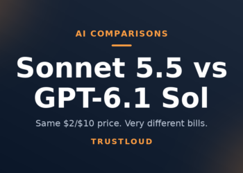 TrustLoud title graphic reading Sonnet 5.5 vs GPT-6.1 Sol, with the subtitle same $2/$10 price, very different bills