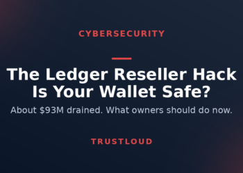 TrustLoud title graphic reading The Ledger Reseller Hack, is your wallet safe, with the subtitle about $93M drained and what owners should do now