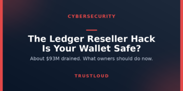 TrustLoud title graphic reading The Ledger Reseller Hack, is your wallet safe, with the subtitle about $93M drained and what owners should do now