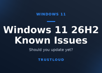 TrustLoud title graphic reading Windows 11 26H2 Known Issues, with the subtitle should you update yet
