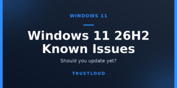 TrustLoud title graphic reading Windows 11 26H2 Known Issues, with the subtitle should you update yet