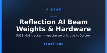 TrustLoud title graphic reading Reflection AI Beam weights and hardware, with the subtitle 501B MoE tracker and Apache weights due in October