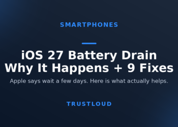 TrustLoud title graphic reading iOS 27 battery drain, why it happens and 9 fixes, with the subtitle Apple says wait a few days