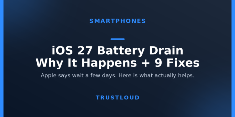 iOS 27 Battery Drain: Why It Happens and 9 Fixes That Work TrustLoud title graphic reading iOS 27 battery drain, why it happens and 9 fixes, with the subtitle Apple says wait a few days