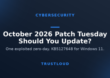 TrustLoud title graphic reading October 2026 Patch Tuesday, should you update, with the subtitle one exploited zero-day, KB5127648 for Windows 11