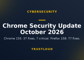 TrustLoud title graphic reading Chrome Security Update October 2026, with the subtitle Chrome 155, 37 fixes, 7 critical, Firefox 158, 77 fixes