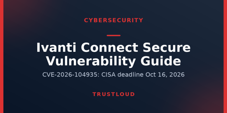 Ivanti Connect Secure Vulnerability: CVE-2026-104935 and CISA's Oct 16 Deadline TrustLoud title graphic reading Ivanti Connect Secure Vulnerability Guide, with the subtitle CVE-2026-104935, CISA deadline October 16, 2026