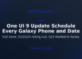 TrustLoud title graphic reading One UI 9 Update Schedule, Every Galaxy Phone and Date, with subtitle on S26 through S23 rollout status