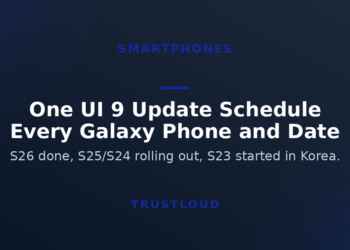 TrustLoud title graphic reading One UI 9 Update Schedule, Every Galaxy Phone and Date, with subtitle on S26 through S23 rollout status