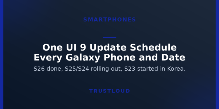 TrustLoud title graphic reading One UI 9 Update Schedule, Every Galaxy Phone and Date, with subtitle on S26 through S23 rollout status