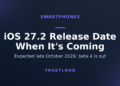 TrustLoud title graphic reading iOS 27.2 Release Date, When It's Coming, with the subtitle Expected late October 2026, beta 4 is out