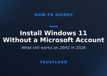 TrustLoud title graphic reading Install Windows 11 Without a Microsoft Account, with the subtitle What still works on 26H2 in 2026