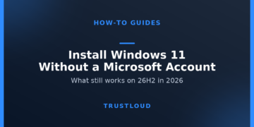 TrustLoud title graphic reading Install Windows 11 Without a Microsoft Account, with the subtitle What still works on 26H2 in 2026