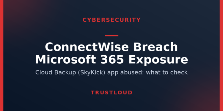 ConnectWise Breach: What the Cloud Backup (SkyKick) Hack Means for Microsoft 365 TrustLoud title graphic reading ConnectWise Breach, Microsoft 365 Exposure, with the subtitle Cloud Backup (SkyKick) app abused, what to check