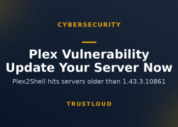 TrustLoud title graphic reading Plex Vulnerability, Update Your Server Now, with the subtitle Plex2Shell hits servers older than 1.43.3.10861